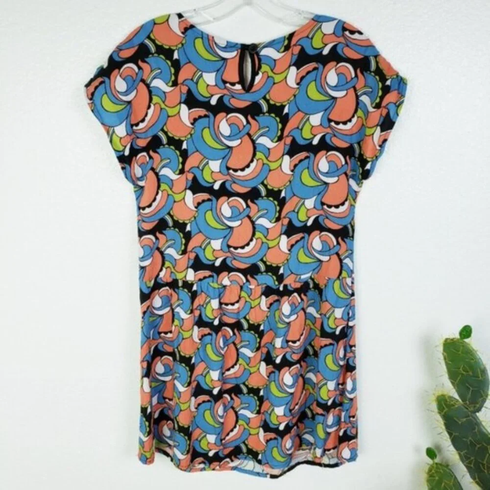 NOOWORKS Louise Mini Shift Dress 70s Style Print size XL Colorful Art-to-wear